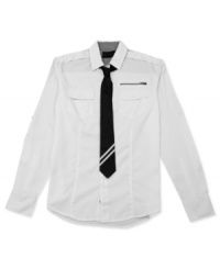 Handsome tie and guard style shirt by No Retreat with edgy zip pocket.