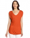 Two by Vince Camuto Women's V Neck Tee with Gathered Sleeves, Rich Brick, Medium