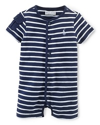 Essential short-sleeved shortall in ultra-soft, striped cotton jersey for a preppy look.