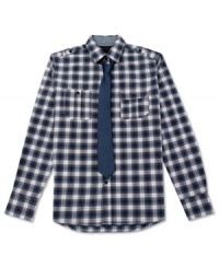 Get checked out in this plaid shirt with matching tie by No Retreat with unique chest pockets and get checked in with style.