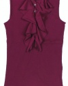 Lauren Ralph Lauren Women's Cotton Ruffled Sleeveless Henley Top (Winter Berry Pink) (X-Large)