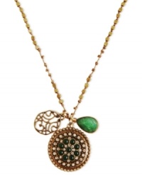 Green is good in this charm necklace from Lucky Brand. Crafted from gold-tone mixed metal, the necklace is adorned with semi-precious dyed jade accents. Item comes packaged in a signature Lucky Brand Box. Approximate length: 30 inches. Approximate drop: 1-1/4 inches.