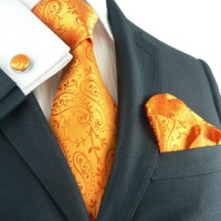 Landisun 44G Bright Orange Paisleys Mens Silk Tie Set: Tie+Hanky+Cufflinks