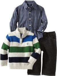 Izod Kids Baby-boys Infant Stripe 1/4 Zip Sweater With Woven Shirt and Denim Jean, Oatmeal, 24 Months