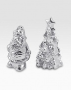 Get into the spirit of the season with these charming salt-and-pepper shakers, handcrafted from recycled aluminum in the shapes of Santa and a Christmas tree. Includes one salt and one pepper shakerRecycled aluminumEach: 4½H X 2½ diam.Hand washImported