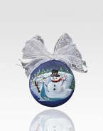 This season, bring Frosty inside with a charming painted glass ornament, complete with a whimsical, snowflake-patterned silver ribbon.12 diam. Imported 