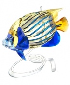 Paradise found. Swarovksi captures the natural brilliance of the underwater world in this emperor angelfish figurine. Metallic blue and sparkling yellow crystal recreate the unique creature as it glides through its inspired metal display.