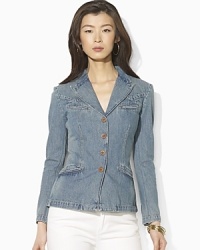 The Lauren Ralph Lauren blazer is flawlessly designed in a feminine, tailored silhouette from soft, faded and heavily distressed denim to create a beautiful vintage look with contemporary polish.