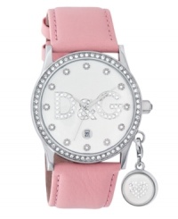 Completely charming. Glam watch by D&G crafted of pink leather strap and round stainless steel case with dangling crystal heart charm. Bezel embellished with crystal accents. White dial features crystal markers, large crystal-accented logo at center, date window at six o'clock and three hands. Quartz movement. Water resistant to 30 meters. Two-year limited warranty.