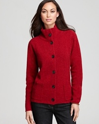 Plush wool crafts a cozy Eileen Fisher jacket touting a modern funnel neckline for cold-weather chic.