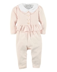 An essential set pairs an adorable embroidered overall with a soft cotton jersey bodysuit and ruffled cardigan.