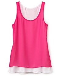 Fluorescent hues are on-trend this season. With a neon-pink chiffon overlay tank, this Aqua top gets it just right.