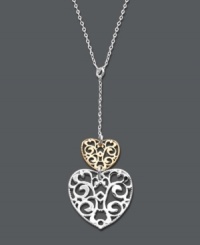 Explore the intricacies of the heart. Giani Bernini's stunning double heart y-shaped pendant features beautiful filigree detailing crafted from sterling silver and 24k gold over sterling silver. Approximate length: 16 inches + 2-inch extender. Approximate drop: 1-1/4 inches.