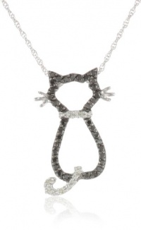 XPY 14k White Gold Black and White Diamond Cat Pendant (1/5 cttw), 18