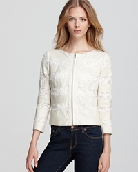 Perforated leather is perfectly paired with ladylike lace on this cropped ERIN Erin Fetherston jacket, exuding girlish edge.