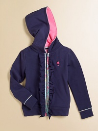 Ruffles and floral piping add a fresh note to the classic knit hoodie with embroidered palm tree logo on the chest. Lined hoodFull zip frontHand warmer pocketsLong sleeves with banded cuffsBanded bottomCotton/SpandexMachine washImported