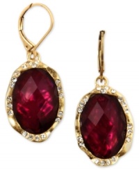 Vintage inspiration from Jones New York. Alluring color creates a stunning look to these drop earrings. With ruby epoxy and abalone sheeting. Finished with leverback closure. Crafted in worn gold tone mixed metal. Approximate drop: 1 inch.