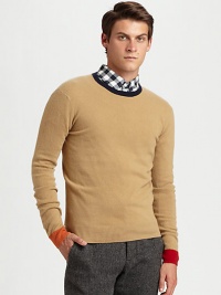 A classic crewneck sweater receives an extraordinary style upgrade with multicolored collar and cuff trim, shaped in lightweight, luxurious wool.CrewneckWoolDry cleanImported