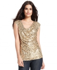 Give your favorite jeans some extra sparkle with this sequined top from MICHAEL Michael Kors. A stylish cowl neckline and cap sleeves create a flirty feel.