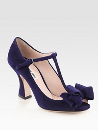 Suede peep-toe design with an adjustable t-strap, bow adornment and a modern, sculpted heel. Self-covered heel, 3 (75mm)Suede upperLeather lining and solePadded insoleMade in ItalyOUR FIT MODEL RECOMMENDS ordering one half size up as this style runs small. 