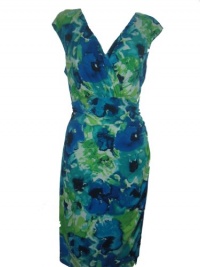 RALPH LAUREN Women's Plus Size Sleeveless V-Neck Faux-Wrap Floral Sheath Cocktail Dress- AQUA MULTI-16W