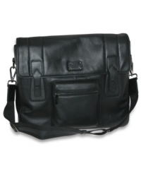 Fashionable and functional messenger bag by Dopp with leather trim pockets and gunmetal hardware.