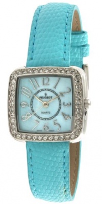 Peugeot Women's PQ8282AQ Silver-Tone Swarovski Crystal Accented Aqua Leather Strap Watch