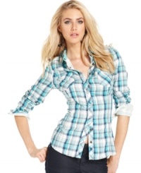 Inspired by the boys, but this GUESS? shirt is tailored just for you. A bright plaid print and pearlized snap-button closures make this a stylish statement for any day of the week.