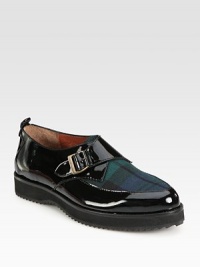 Traditional wool tartan freshens this patent leather design, with an adjustable monk strap and rubber sole for added traction. Patent leather and wool tartan upperAdjustable buckle strapLeather liningRubber solePadded insoleImported