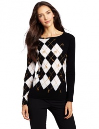 Minnie Rose Women's 100% Cashmere Long Sleeve Argyle Pullover, Black/White, Small