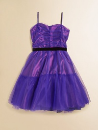 She'll be a heartbreaker in this gorgeous tulle party dress with ruched-detail bodice and twirly full skirt.Sweetheart necklineSpaghetti strapsRuched bodiceVelvet waist sashBack zipperFull skirtAbove the knee lengthFully linedPolyester over nylonDry cleanMade in USA of imported fabricAdditional InformationKid's Apparel Size Guide 