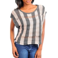 Gray & Pale Pink Vertical Striped Short Sleeve Knit Sweater Top