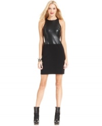 Faux leather and stretchy knit come together in this fashion-forward sheath dress from DKNY Jeans.