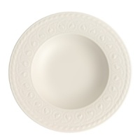 This collection of classic white, patterned dinnerware and serveware is remarkable for its ability to coordinate with a variety of table linen and flatware patterns.