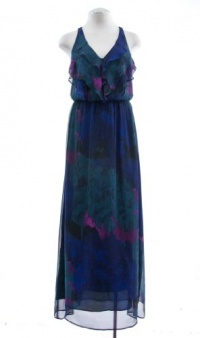 Aqua Luxe Navy Printed Silk Ruffle Front Maxi Dress X-Small