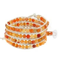 36 Long Wrap Bracelet Orange Crystal Beads and White Leather With Button