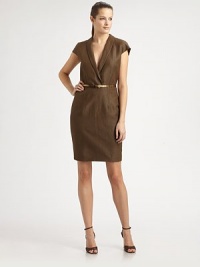 Timelessly stylish, this cap-sleeve dress features a hint of stretch, classic Princess seams and a belted silhouette for a flattering look. Shawl collarCap sleevesPrincess seamsLeather belt includedConcealed back zipperBack ventFully linedAbout 21 from natural waist57% virgin wool/40% linen/3% elastaneDry cleanImported Model shown is 5'10 (177cm) wearing US size 4. 