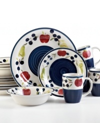 A tasty collection of painted blueberries, apples and pears offer a country-inspired design upon durable stoneware from Gibson. Countered with bands of dark blue, the Granada Fruits dinnerware set is incredibly charming.