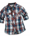 GUESS Kids Boys Little Boy Jersey Plaid Shirt, PLAID (5/6)