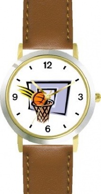 Basketball, Hoop, Backboard, Swish Basketball Theme - WATCHBUDDY® DELUXE TWO-TONE THEME WATCH - Arabic Numbers - Brown Leather Strap-Women's Size-Small