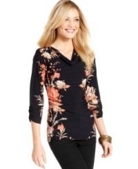 Elementz's petite top features a sophisticated floral print and a flattered ruched silhouette.