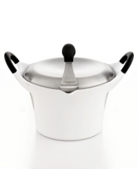 A new look. Give your kitchen a modern update with this incredibly light and sophisticated cast aluminum covered stockpot, which masters stocks, stews, soups and more like a true professional. Providing fast & even heat distribution, the sleek vessel features a phenolic resin stay-cool handle, easy-pour spout and a striking silhouette that creates an art show on the stovetop. 3-year warranty.