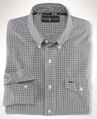 Crafted from subtly washed cotton poplin for well-worn authenticity, a trim-fitting long-sleeved sport shirt is emboldened in classic checks for a timeless look.