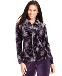 A beautiful feather print adds modern appeal to Style&co. Sport's plush petite jacket in cozy velour fabric.