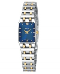 Break out with a blue motif. This Pulsar watch features a goldtone and silvertone bracelet and rectangular case. Blue dial with goldtone stick indices, logo and Roman numerals at six o'clock and twelve o'clock. Quartz analog movement. Water resistant to 30 meters. Three-year limited warranty.