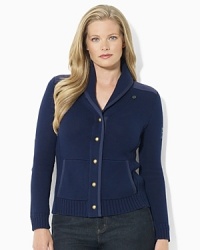 A soft combed cotton cardigan is finished with twill trim at the placket and an anchor patch at the shoulder for nautical style.