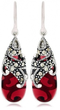 Sterling Silver Marcasite and Garnet Colored Glass Teardrop Earrings