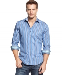 Keep your classic look updated with contrast in this striped shirt from Tasso Elba.