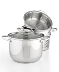 Time to shine! Brilliant stainless steel lights up your stovetop and provides a non-reactive, encapsulated impact-bonded base that heats quickly & evenly for purely professional results, plus with the included glass lid, pasta & steamer inserts, this multi-pot is your go-to for going gourmet in a flash. Limited lifetime warranty.