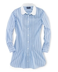 The classic shirtdress is rendered in lightweight cotton poplin and updated with a pretty stripe and pintuck detailing.